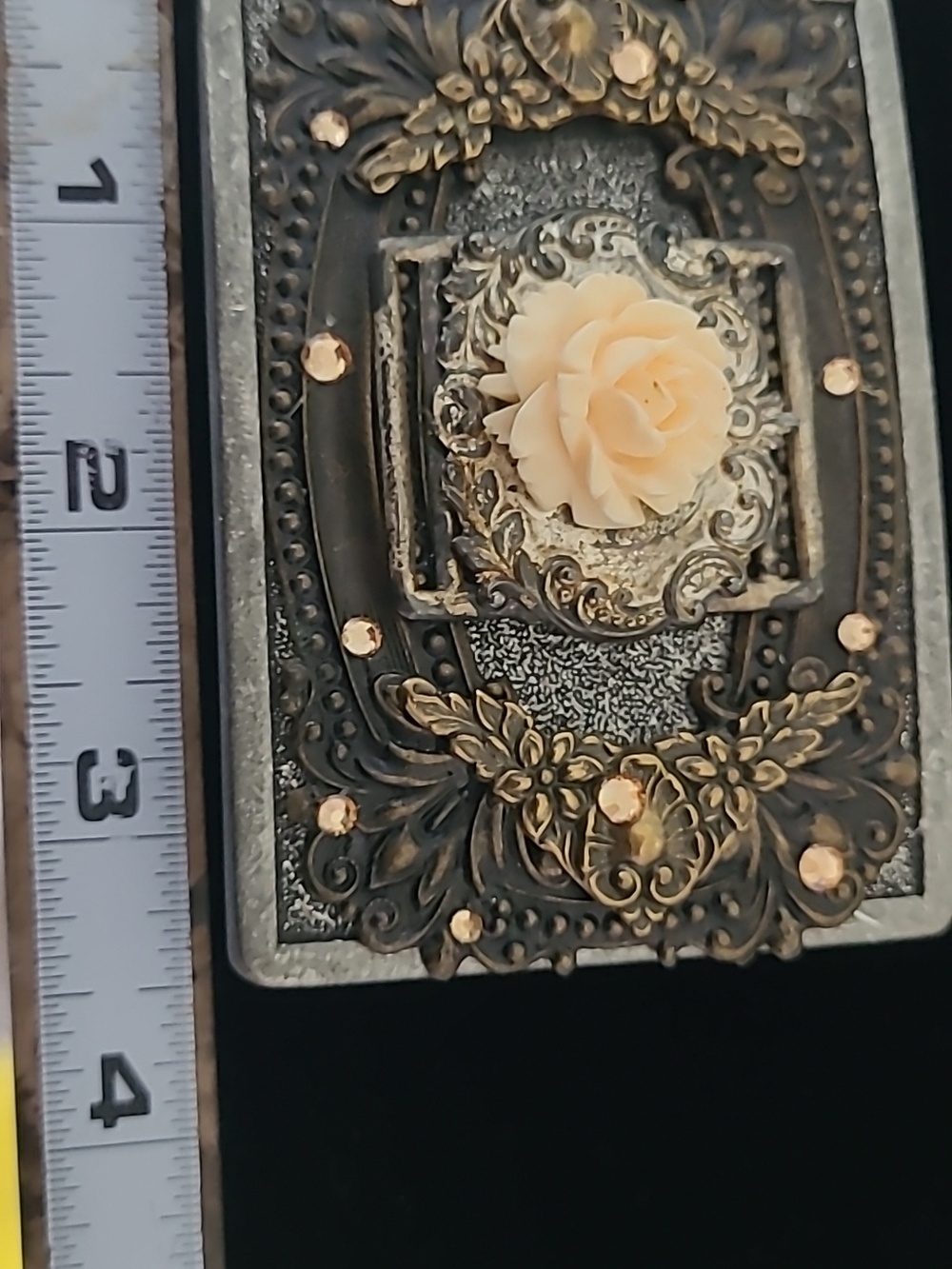 Rhinestone Metal 3D Vintage Floral Design Buck Belt A Stone Missing sign of wear - Picture 3 of 9